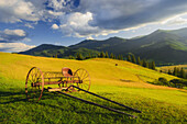 Ukraine, Gebiet Iwano Frankiwsk, Bezirk Werchowyna, Dorf Dzembronya, Alte Landmaschine in ländlicher Landschaft in den Karpaten