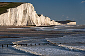 The Seven Sisters white chalk cliffs from Cuckmere Haven, South Downs National Park, East Sussex, England, United Kingdom, Europe