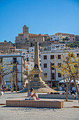 View of Obelisk to the Corsairs in Ibiza Harbour overlooked by Cathedral, Ibiza Town, Eivissa, Balearic Islands, Spain, Mediterranean, Europe