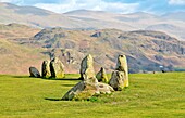 Der neolithische Steinkreis von Castlerigg aus der Zeit um 3000 v. Chr., bei Keswick, Lake District National Park, UNESCO-Weltkulturerbe, Cumbria, England, Vereinigtes Königreich, Europa