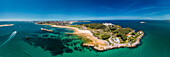 Aerial drone panoramic view of Magdalena Peninsula, a 69-acre peninsula near the entrance to the Bay of Santander in the city of Santander, Cantabria, north coast, Spain, Europe