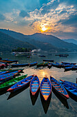Sonnenuntergang über dem Fewa See mit vielen Ruderbooten, Pokhara, Nepal, Asien