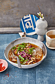 Mushroom soup with glass noodles and Thai asparagus (vegan)