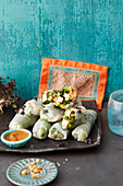 Rice paper rolls with lettuce, cucumber, spring onions, peanuts (vegan)