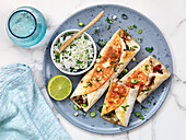 Quesadilla with tuna, vegetables, leeks, and lettuce