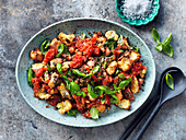 Bread salad with tomatoes, basil, and lentils