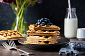 Healthy Belgian waffles served with blueberries