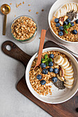 Homemade granola with blueberries and bananas