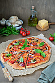 Pizza with mushrooms and vegetables