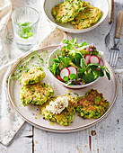 Zucchini fritters with goat's cheese and salad