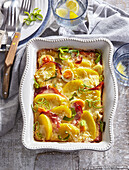 Potato gratin with ham and leek