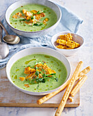 Zucchini soup with sweetcorn and grissini