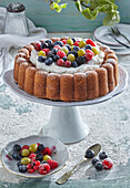 Biscuit cake with yogurt and fruit