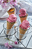 Lactose-free strawberry ice cream cones