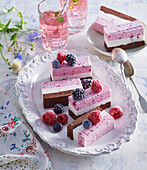 Ice cream cake slices with forest fruit