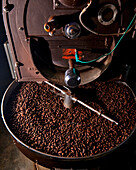 Cocoa beans in the roasting machine