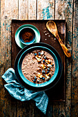 Chocolate Overnight Oats with blueberries and banana