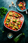 Zucchini rolls au gratin with spinach and feta cheese