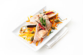 Roasted swordfish with peppers and rosemary