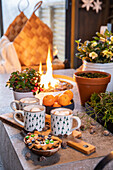 Winterliche Tischdekoration mit Plätzchen, Kakao mit Marshmallows und Mandarinen