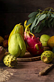 Exotic fruits - chayote, dragon fruit, cactus fruit, mango