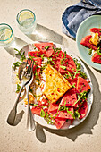 Crusted feta with arugula-watermelon salad