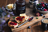 Forest fruit jam without seeds on baguette slices