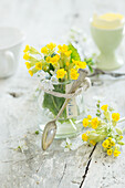 Sträußchen aus Schlüsselblumen (Primula veris) im Weckglas mit Silberlöffel und Namensschild