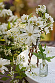 Weißer Blumenstrauß mit Sternmagnolie (Magnolia stellata), Spierstrauch (Spiraea) und Birnenblütenzweige