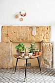 Retro side table with houseplants in front of rustic stone wall and patterned floor