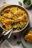 Turmeric rice with raisins and skinless chicken