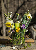 Frühlingsstrauß aus Narzissen (Narcissus), Krokus und Pflaumenblüten, mit Kerze und Kranz aus Birkenzweigen