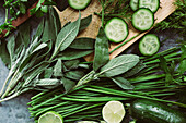 Fresh herbs, cucumber and lime