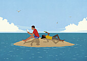 Ehepaar liest Bücher auf einer sonnigen Insel im Meer