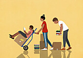 Family reading, packing and moving boxes of books with hand truck\n