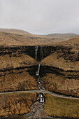 Three-tier waterfall over cliff, Fossa, Haldarsvik, Faroe Islands\n