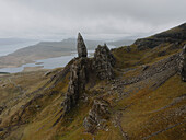Rock formation in mountain landscape, Old Man of Storr, Isle of Skye, Scotland\n