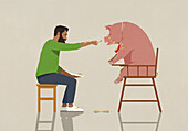 Man feeding messy pet pig in high chair\n