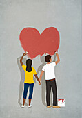 Couple holding hands, painting red heart on gray wall\n