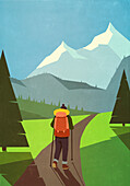 Frau mit Rucksack und Wanderstöcken wandert auf einem Pfad in ruhiger Berglandschaft