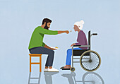 Erwachsener Sohn füttert alternde Mutter im Rollstuhl