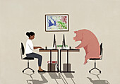 Businesswoman and pig working at computers in office\n