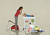 Frustrierte Mutter erledigt Hausarbeit und wechselt die Windel des Babys zu Hause