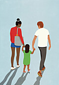 Eltern und kleine Tochter halten sich an den Händen und gehen spazieren