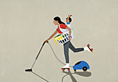 Frau in Rollschuhen bei der Hausarbeit mit Baby auf dem Rücken