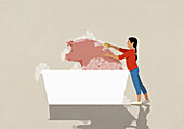 Girl giving pet pig a bubble bath, washing bag with sponge\n