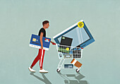 Male consumer with credit card pushing shopping cart with technology merchandise\n