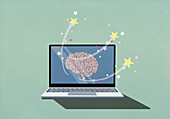 Stars emitting from brain on laptop screen\n