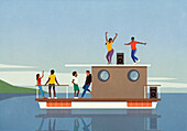 Fröhliche junge Leute hören Musik und tanzen auf einem Hausboot auf dem See, genießen die Sommerfrische