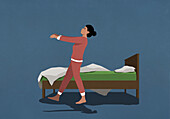 Woman in pajamas sleepwalking along bed in nighttime bedroom\n